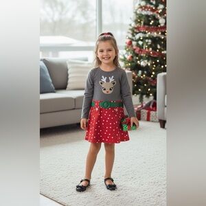 Lilt Christmas Reindeer Red Grey Toddler Girl Dress Size 6X holiday long sleeve